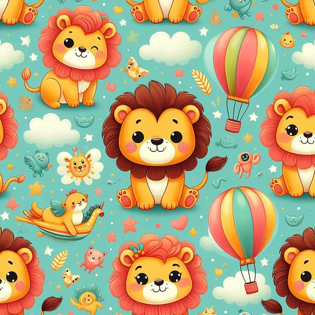 PSD cute lion colorful background seamless pattern