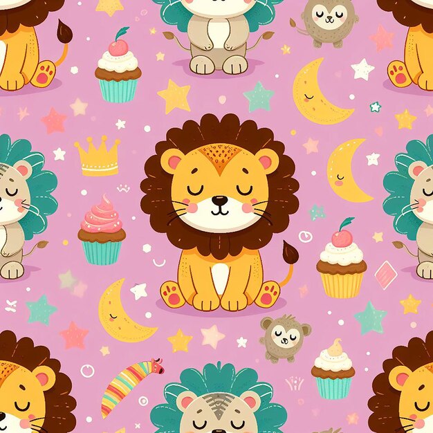 Cute lion colorful background seamless pattern