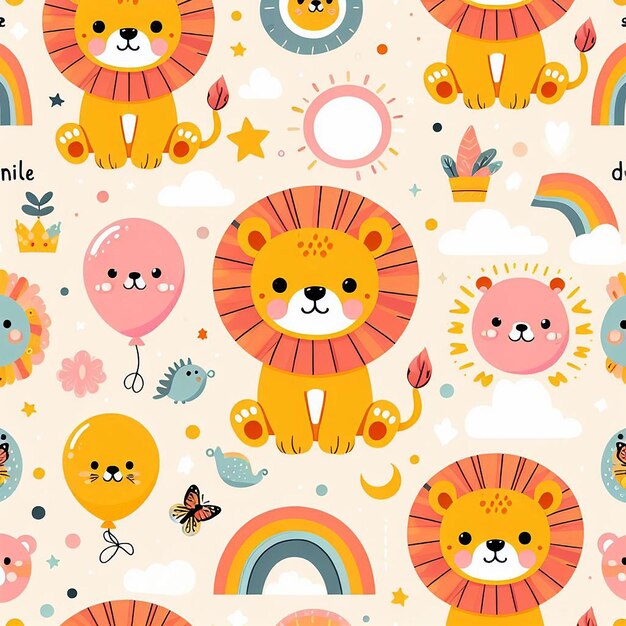 PSD cute lion colorful background seamless pattern