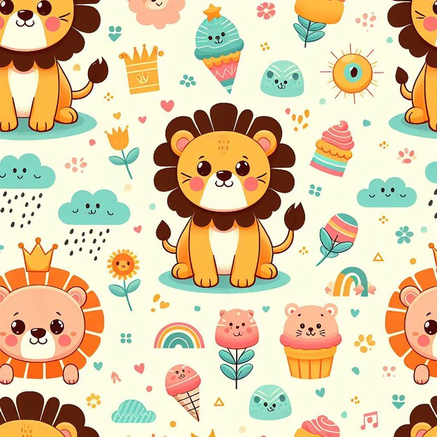 PSD cute lion colorful background seamless pattern