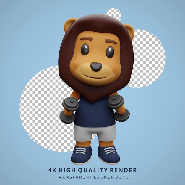 Cute lion doing fitness and weight lifting 3d animal character illustration