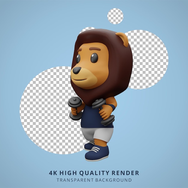 Cute lion doing fitness and weight lifting 3d animal character illustration