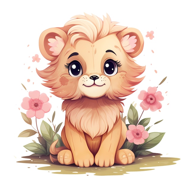 Cute lion on tree stump watercolor clipart illustration