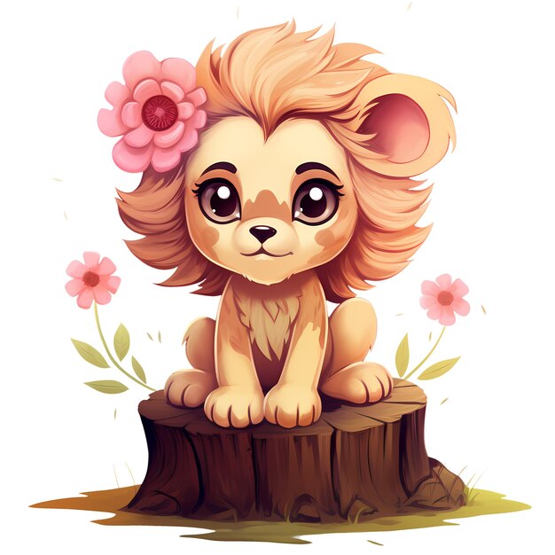 PSD cute lion on tree stump watercolor clipart illustration