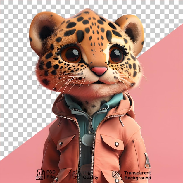 PSD cute little 3d leopard wearing jacket on transparent background include png file