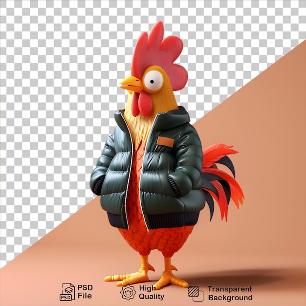 PSD cute little 3d rooster wearing jacket on transparent background include png file