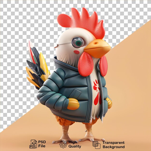 PSD cute little 3d rooster wearing jacket on transparent background include png file