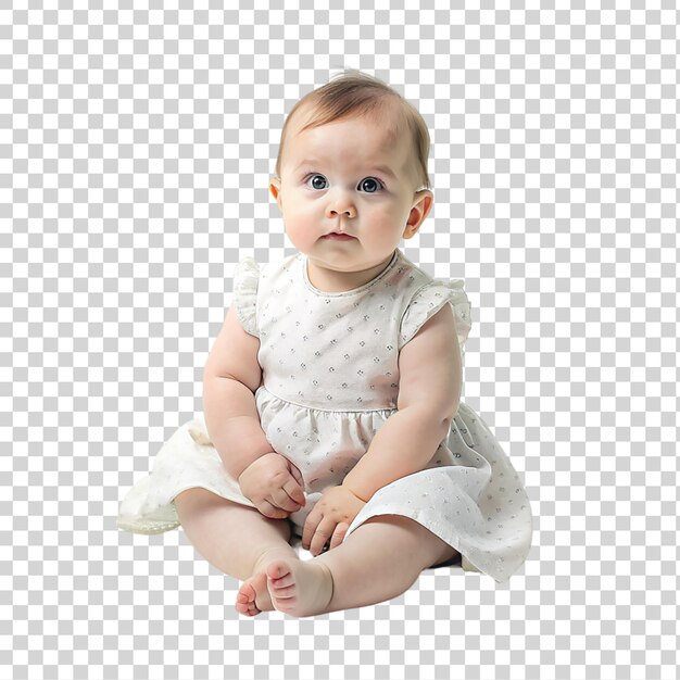 PSD cute little baby girl sitting and looking at camera isolated on transparent background