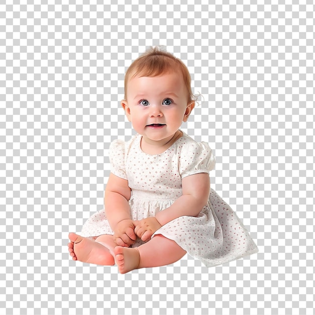 PSD cute little baby girl sitting and looking at camera isolated on transparent background