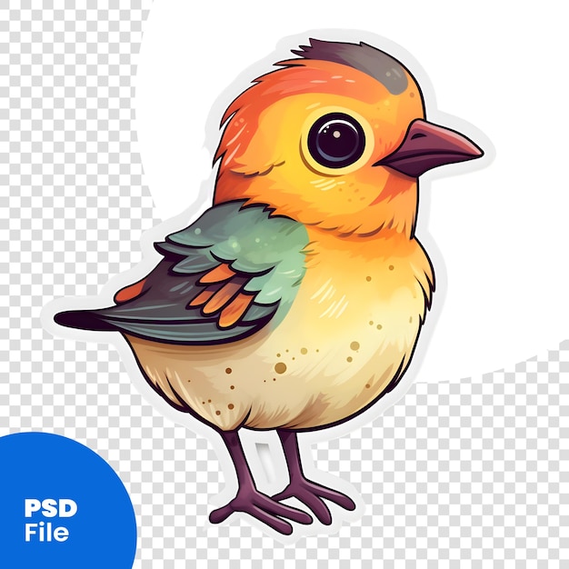 Cute little bird cartoon sticker on white background Vector illustration PSD template