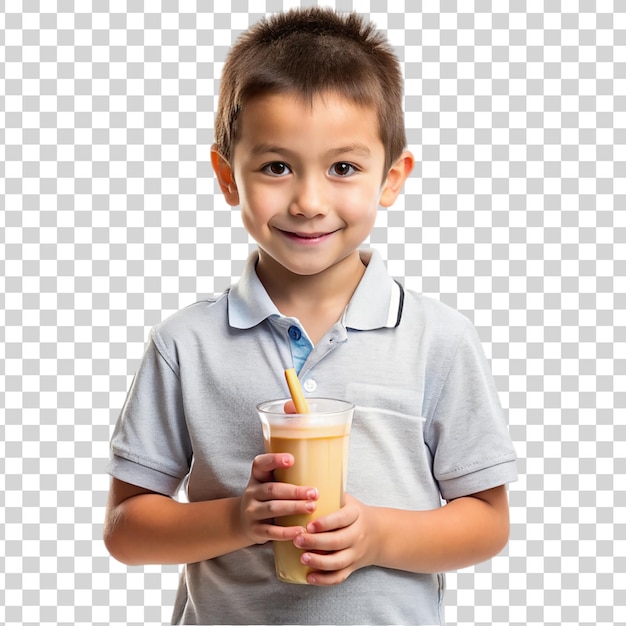 Cute little boy drinking smoothie and smiling isolated on transparent background