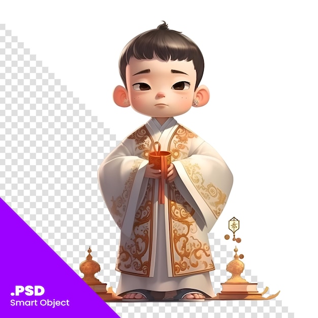 PSD 中国衣装を着たかわいい男の子。 3d レンダリング。 psdテンプレート