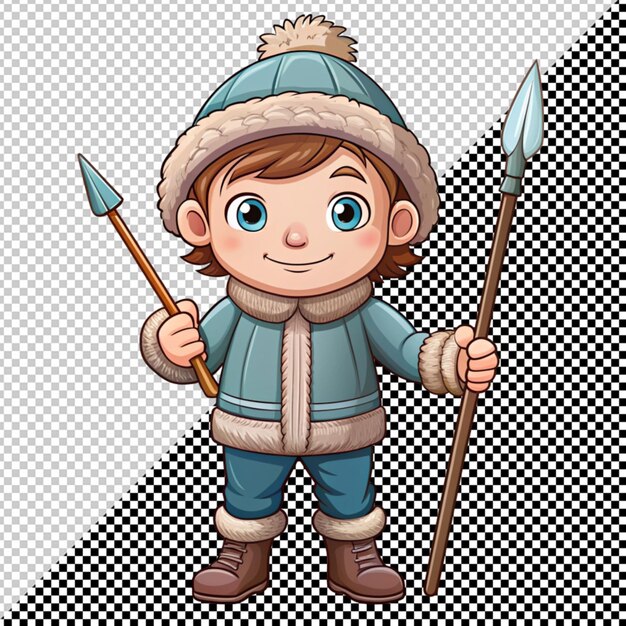 PSD Милый маленький мальчик в зимней одежде с копьем вектора на прозрачном фоне