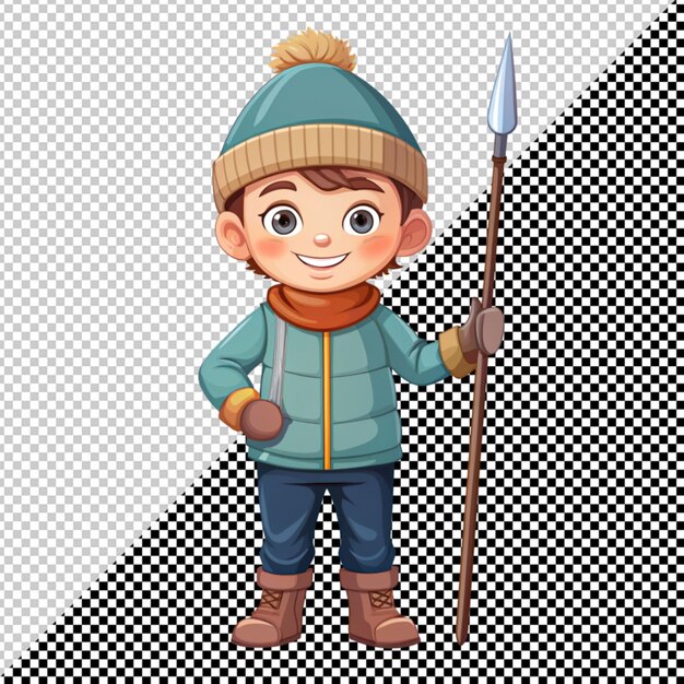 Cute little boy in winter cloth holding spear vector on transparent background