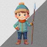 PSD cute little boy in winter cloth holding spear vector on transparent background