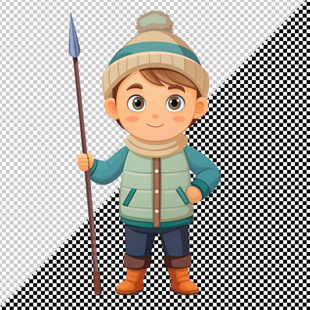 PSD cute little boy in winter cloth holding spear vector on transparent background