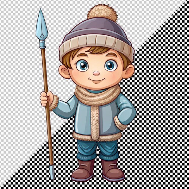 PSD cute little boy in winter cloth holding spear vector on transparent background