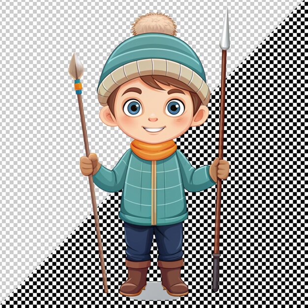 PSD cute little boy in winter cloth holding spear vector on transparent background