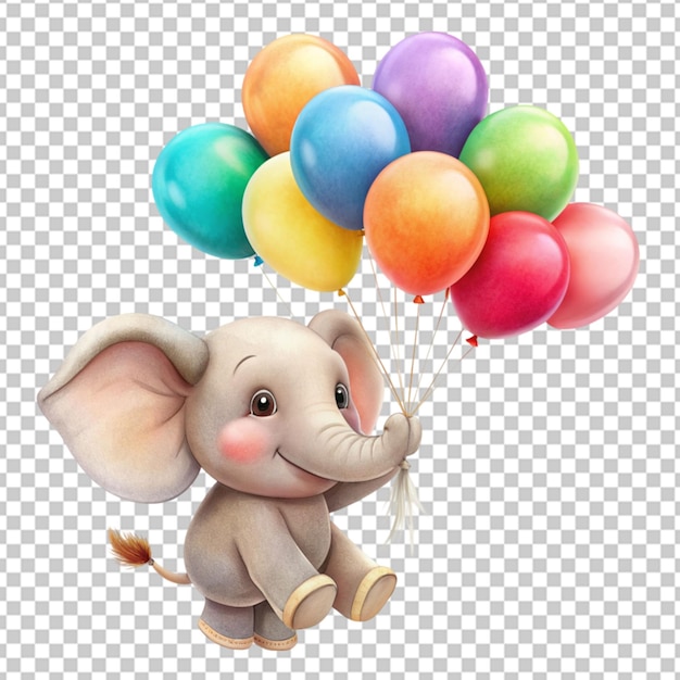PSD un piccolo elefante carino che galleggia nell'aria con un palloncino
