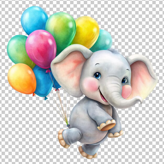 PSD cute little elephant floating in the air with balloon