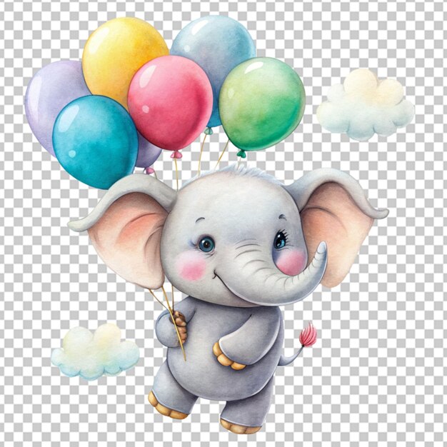 PSD un piccolo elefante carino che galleggia nell'aria con un palloncino