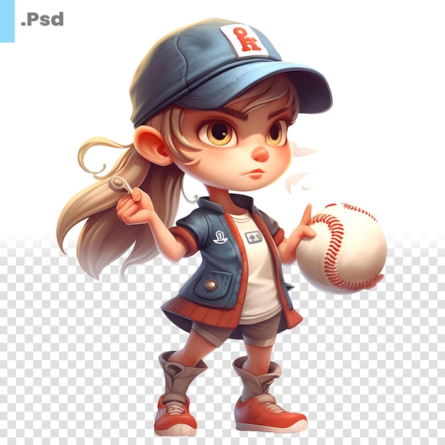 PSD cute little girl baseball player with baseball ball cartoon character psd template