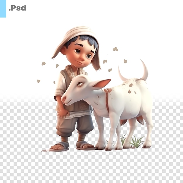 PSD piccola ragazza carina che gioca con una mucca bianca modello psd di rendering 3d