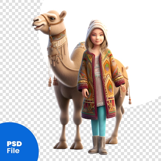 PSD Милая девочка с верблюдом, изолированная на белом фоне 3d рендеринг psd шаблон