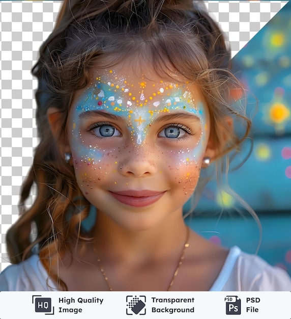 PSD cute little girl with face painting on her face wearing a white shirt and gold and silver necklace with brown and blue eyes a small nose and pink lips