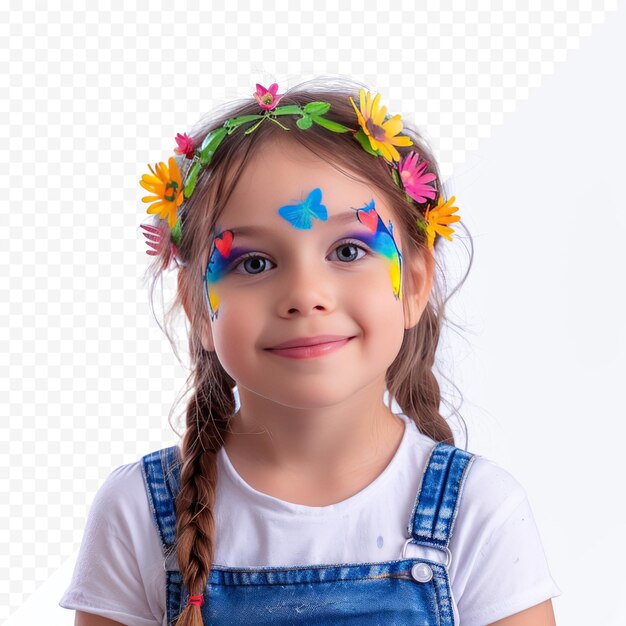 Cute little girl with face painting on white isolated background