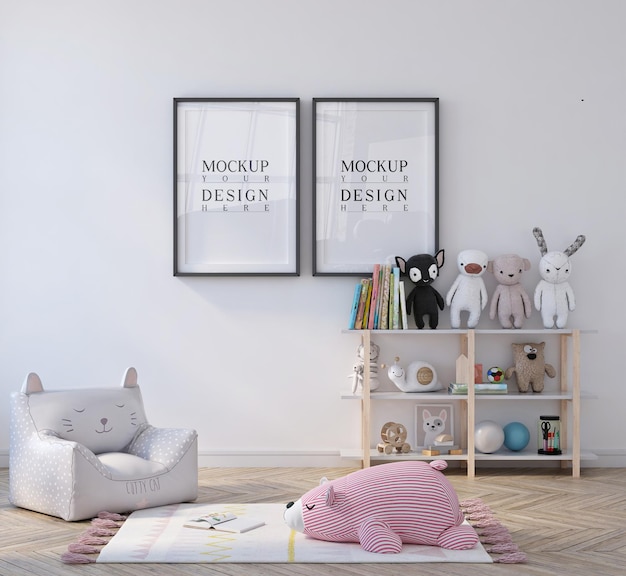 Cute little kids bedroom with poster framed mockup