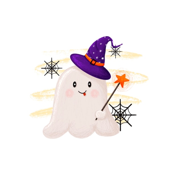 可愛い小さな魔法の幽霊 恐ろしいハロウィンイベント 手描きの質感イラスト