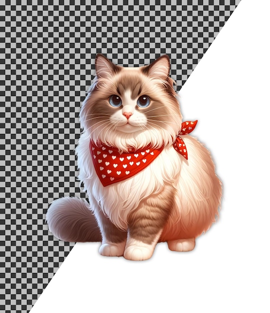 PSD cute love cat dzieci książka ilustracja clipart nosi czerwoną chustkę z białymi sercami