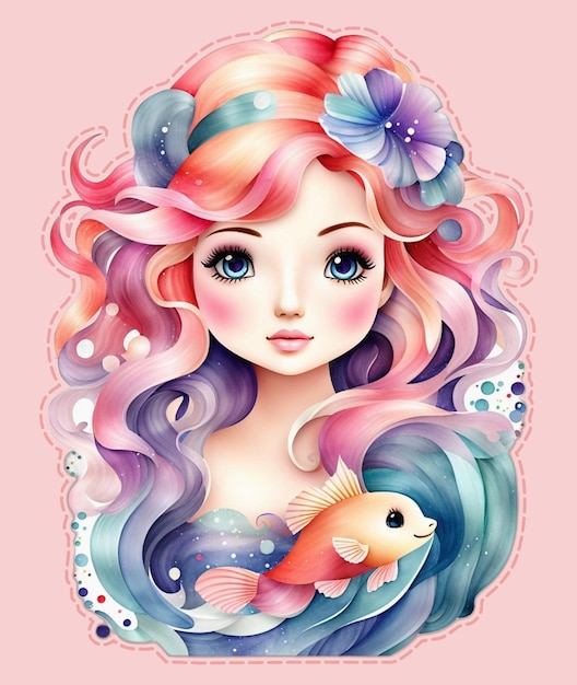 PSD cute mermaid object watercolor kawaii style isolate