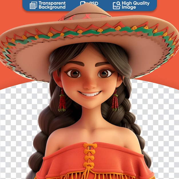 PSD a cute mexican woman and her sombrero a simple 3d cartoon render