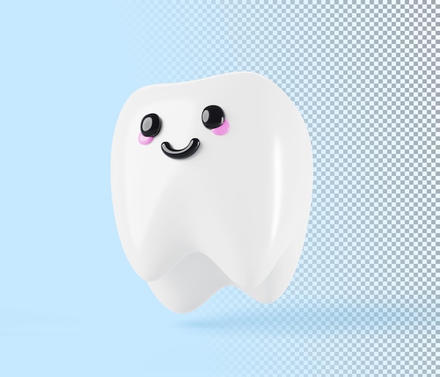 Cute milk teeth cartoon kawaii character with smile 3d render Happy and healthy tooth icon for children dentistry clinic on blue background Dental hygiene and care oral health 3D illustration