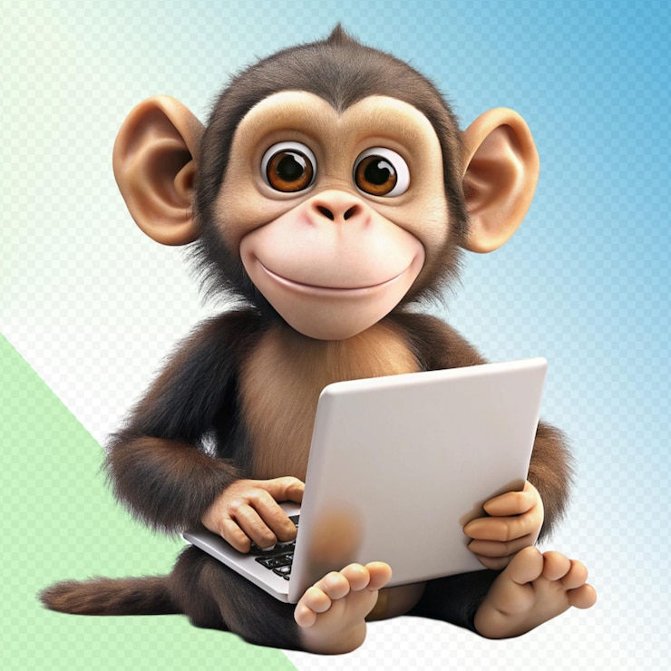 PSD cute monkey with laptop on transparent background
