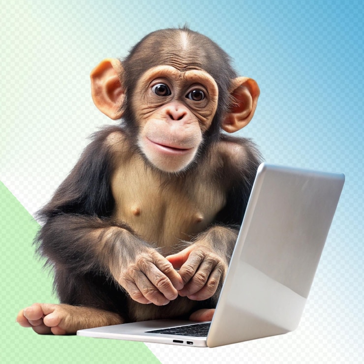PSD cute monkey with laptop on transparent background