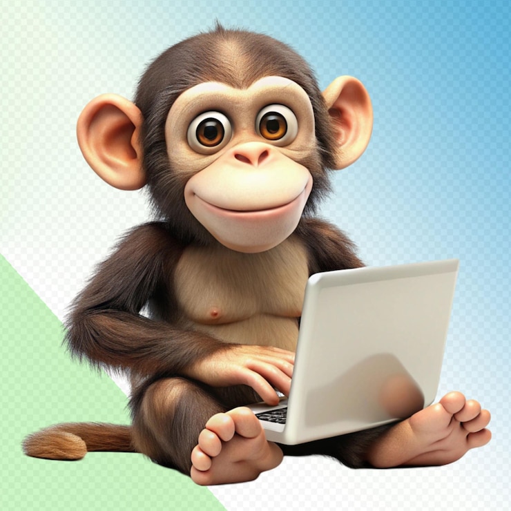 PSD cute monkey with laptop on transparent background