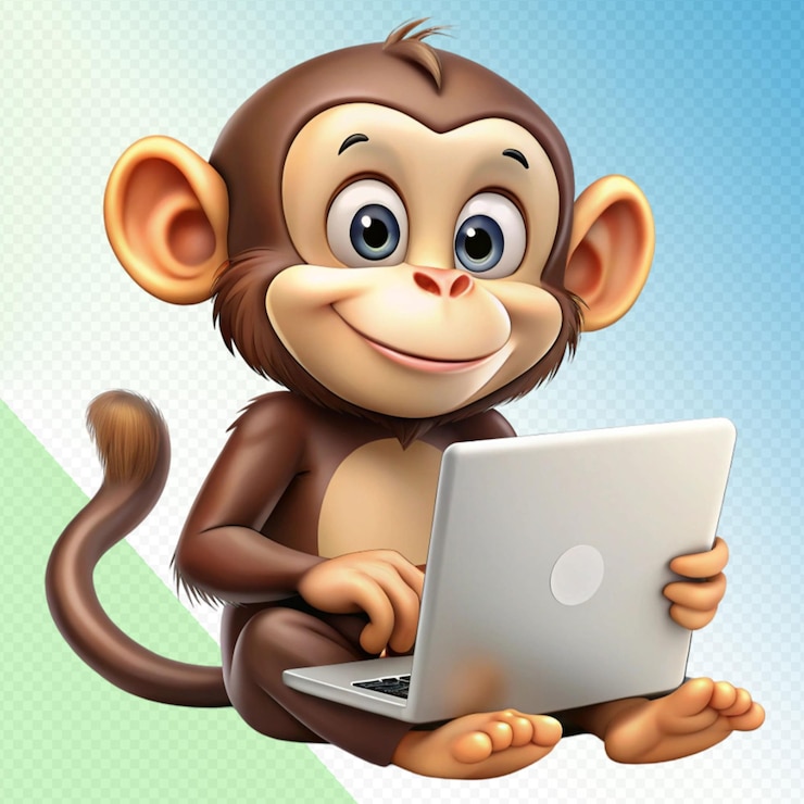 PSD cute monkey with laptop on transparent background