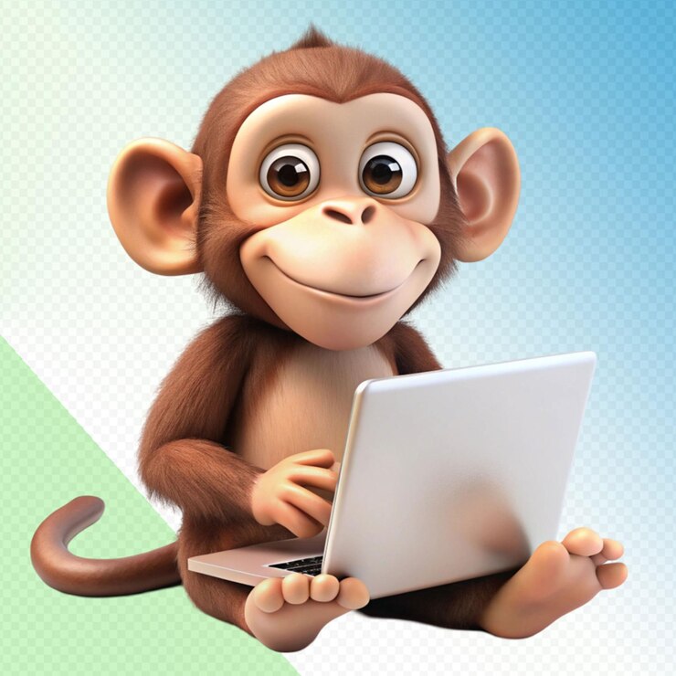PSD cute monkey with laptop on transparent background