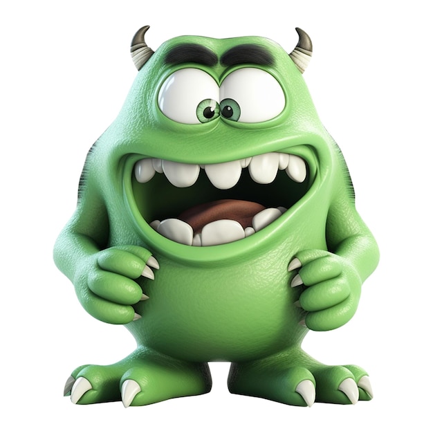 PSD 화난 표정 3d 일러스트 생성 ai와 함께 녹색으로 칠해진 귀여운 괴물 캐릭터