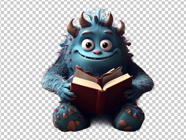 PSD 귀여운 괴물은 집에서 밤에 앉아서 책을 읽습니다.