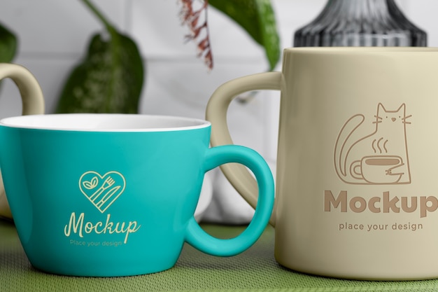 Cute mug design with plants mockup