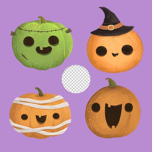 Cute mummy witch frankenstein pumpkins set isolated on lilac background