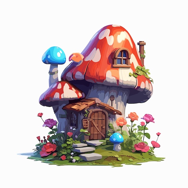 PSD cute mushroom house floral cartoon illustration watercolor png psd