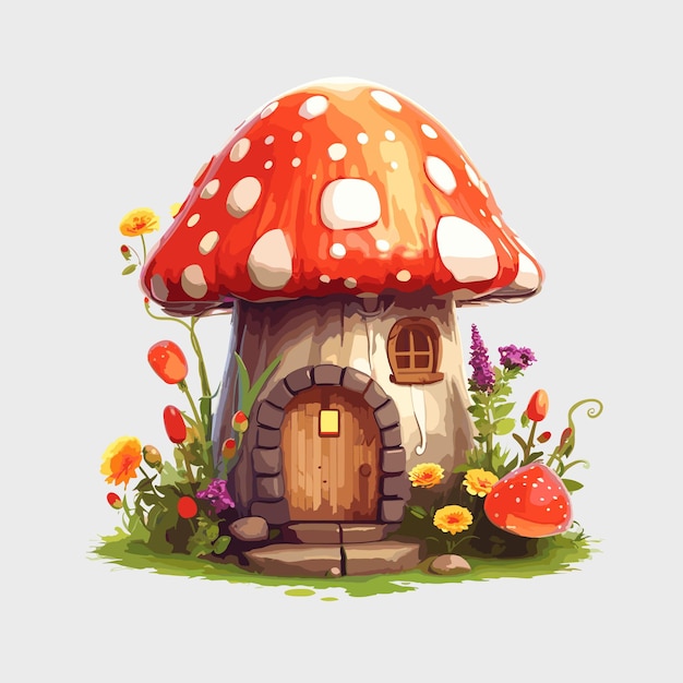 PSD cute mushroom house floral cartoon illustration watercolor png psd