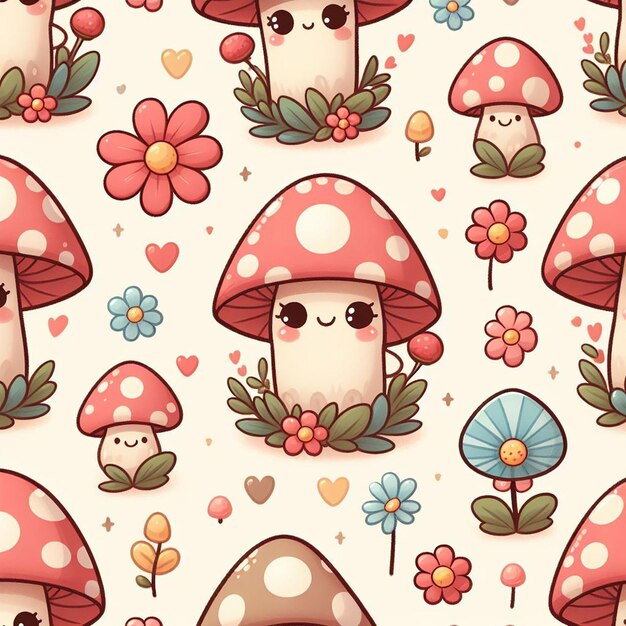 Cute mushroom with flower background seamless pattern