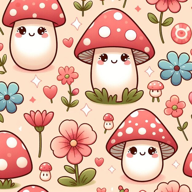 PSD cute mushroom with flower background seamless pattern