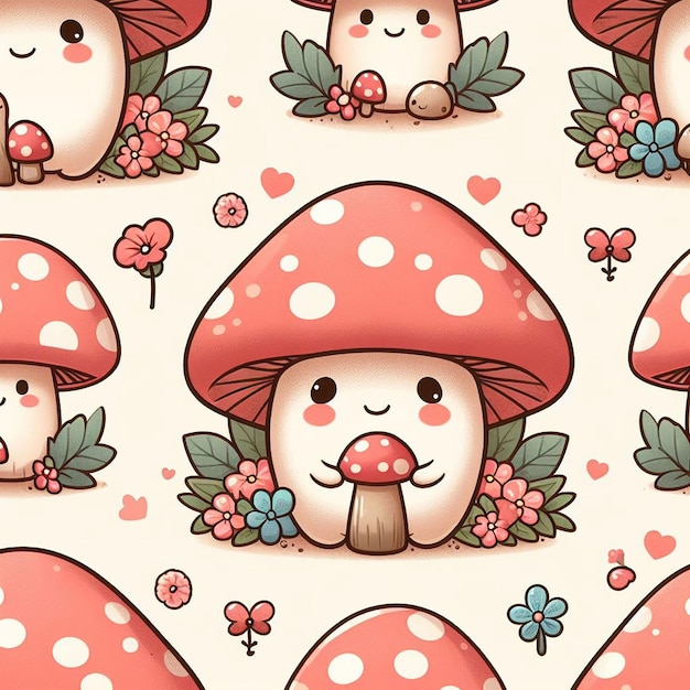 PSD cute mushroom with flower background seamless pattern